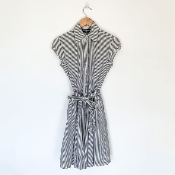 Norma Kamali Striped Cap Sleeve Collared Cinched Drop Waist Aline Dress - Picture 1 of 8